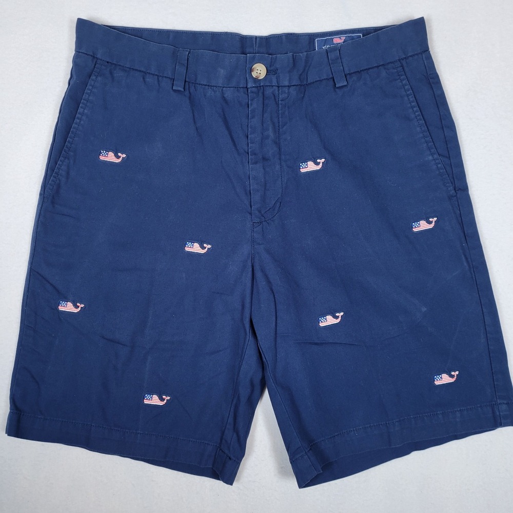 Vineyard Vines Men's Shorts 33 Navy Blue USA Flag Whale Logo Style 1H0245 Cotton